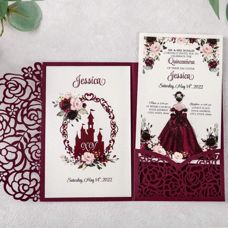 DreamBuilt 4.7 x7 inch 50PCS Blank Burgundy Quinceanera Invitations Kit Laser Cut Hollow Rose Pocket Quinceanera Invitation Cards with Envelopes for Bridal Shower Quincenera Birthday Invite - Image 4